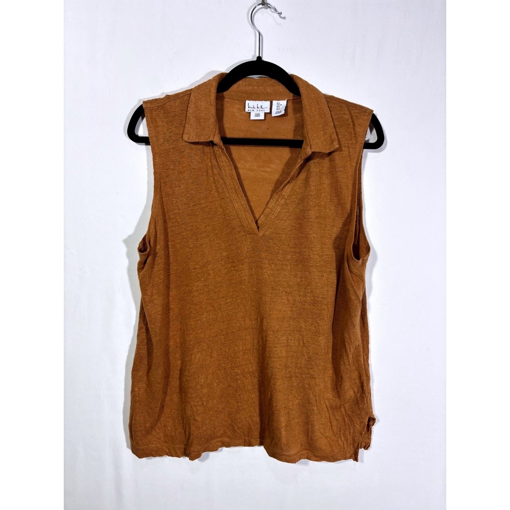 Earthy Beach Boho Coastal Nicole Miller Linen Sleeveless V-Neck Top Women Large
